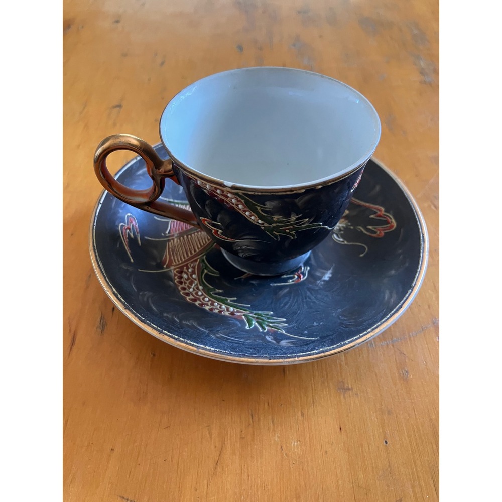 Meiko China Tea Cup Saucer Set Black Moriage Dragonware Japan - Picture 2 of 7